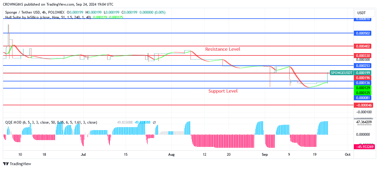 Sponge (SPONGEUSDT) Price: Bulls' Ferocity May Enable price to $0.000262