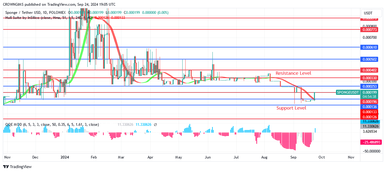 Sponge (SPONGEUSDT) Price: Bulls' Ferocity May Enable price to $0.000262