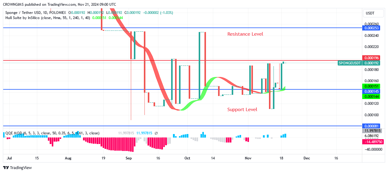 Sponge Price: Strong Bullish Candle Emerges Towards $0.000196 Level